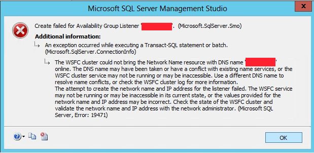 Create Failed for Availability Group Listener